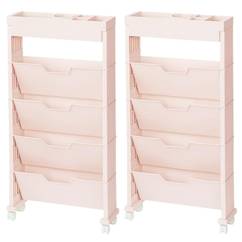 Logianami 収納ラック キャスター付 マガジンラック デスク下収納 収納 デスク下本棚 本立て ファイル立て 収納ボックス (ピンク 2台セット)