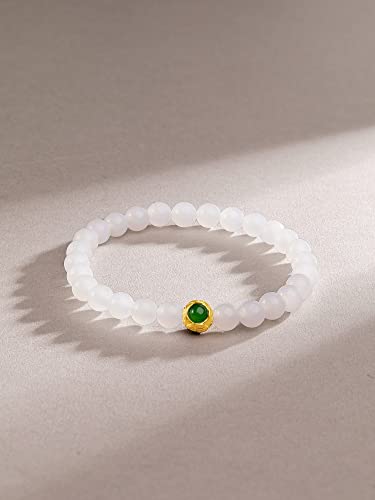 24K Solid Gold Bracelets, Real Pure Gold Jewelry White Nephrite Jade Beaded Bracelets Dainty Gold Fortune Ball Bead for Women Y19105263