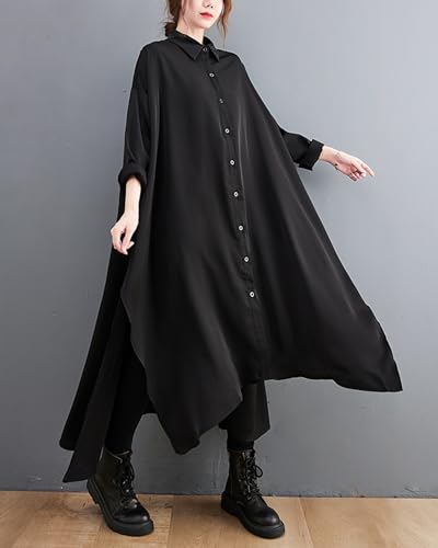 ellazhu Women's Solid Color Button Down Irregular Hem High Up Shirt Dress GZ118 A4