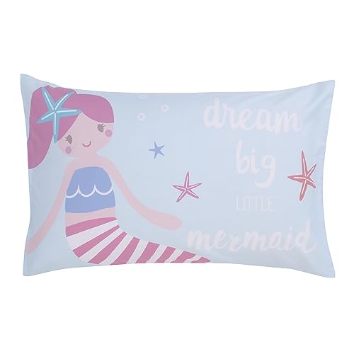 Image of Everything Kids Mermaid Pink and Blue Dream Big Little Mermaid 4 Piece Toddler Bed Set - Comforter, Fitted Bottom Sheet, Flat Top Sheet, and Reversible Pillowcase