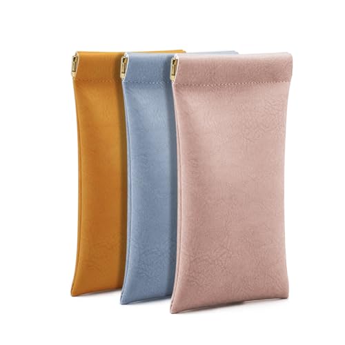 Image of 3 Piece Leather Sunglasses Cases PU Sunglasses Pouch, Portable Squeeze Top Eyeglasses Cases Soft Glasses Bag