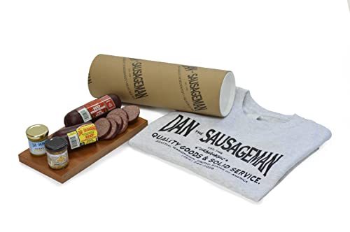 Dan the Sausageman's Tubelicious featuring Dan's Original and Roasted Garlic Red Pepper Summer Sausage and Dan's Sweet n' Hot mustard.