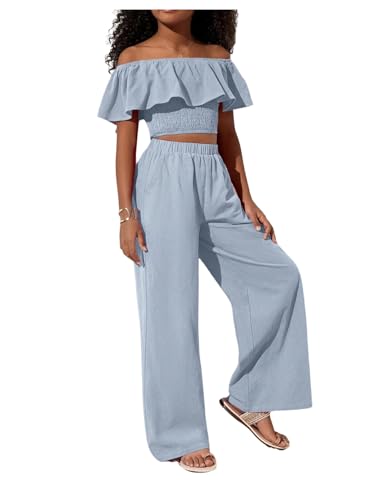 Girl's Off The Shoulder Tops Shirred Ruffle Short Sleeve Slim Fitted Crop Tops