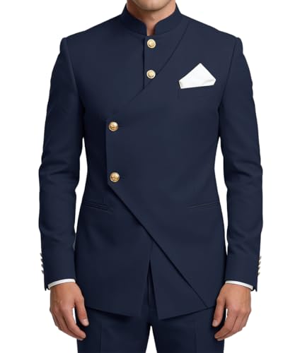 Wrycay Chinese Tunic Suit for Men 2 Piece Slim Fit Suit,Navy Blue,5XL
