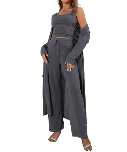 Image of 3 Piece Lounge Sets for Women Airport Travel Outfit | Long Cardigan,Tank Top ,Wide Leg Pants with Pockets,Comfy Loungewear,Casual Chic, Airplane Clothing,Vacation Matching Set