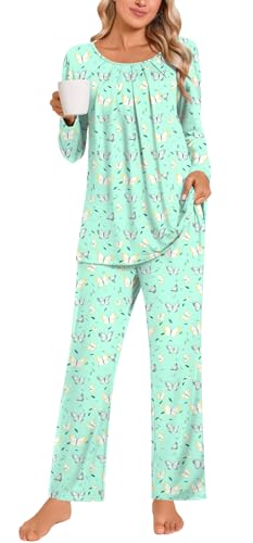 Anymeet Pjs Womens Long Sleeve 2 Piece Pajama Set Crew Neck Comfy Lounge Sleepwear Green-Colorful Butterfly Medium