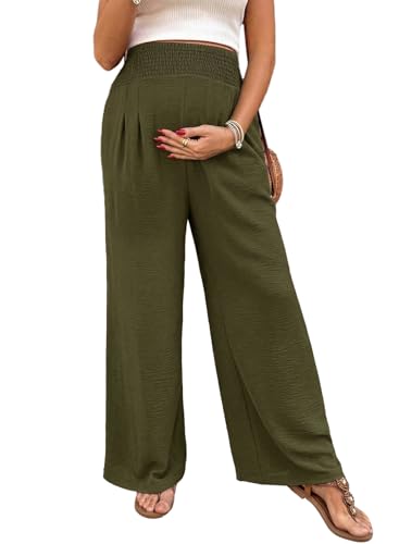 BLENCOT Maternity Palazzo Pants Smocked Wide Leg Flowy Pants Green Medium