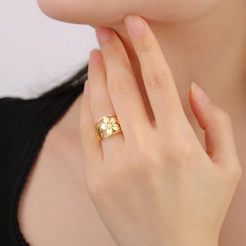 Bohemian Hollow Flower Ring for Women 14K Gold Stainless Steel Elegant Flower Ring Daily Band Exquisite Jewelry Wedding Band Promise Rings3