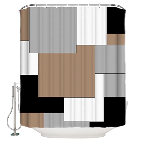 Queenker Shower Curtain Abstract Art Brown Black Gray Splice Waterproof Fabric Shower Curtain Set With 12 Plastic Hooks, Winter Holiday Decor For Bathroom Home Hotel, 66" W X 72" L #TOP1
