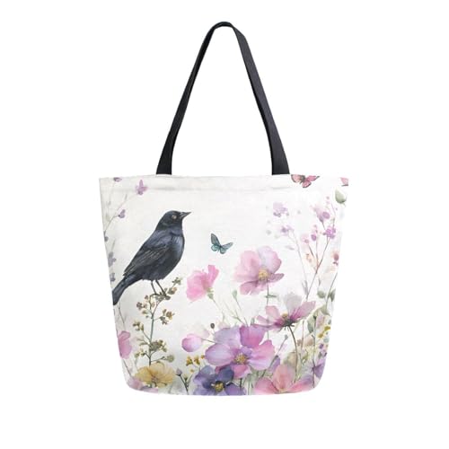 Extra Large Shoulder Tote Bag for Beach Travel Weekender Gym Watercolor Purple Pink Flowers Bird Butterfly Reusable Grocery Canvas Shopping Bag2