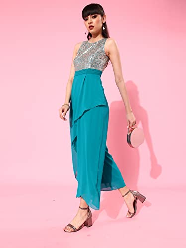 Image of Miss Chase Women's Off-White Solid Relaxed Fit Round Neck Sleeveless Regular Length Jumpsuit