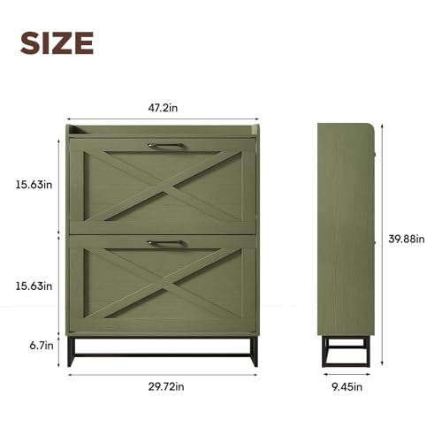 Image of Maupvit Shoe Storage Cabinet with 2 Flip Drawers, Freestanding Shoe Organizer with Metal Legs for Entryway, Narrow Shoe Rack Cabinet, Green