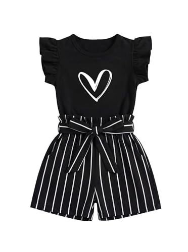 Image of Girls 2 Piece Outfits Summer Ruffle Sleeve Top and High Waisted Striped Shorts Set for Girls 7-14