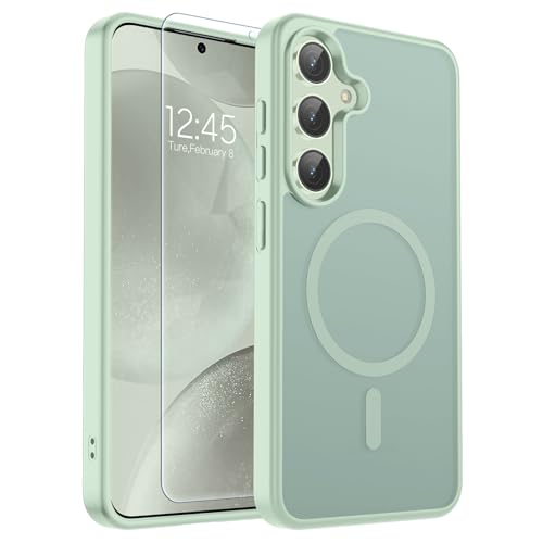 Image of SUPFINE Magnetic for Samsung Galaxy S24 Case / S25 Case with Screen Protector, (Built-in Magnets) (Military Grade Drop Protection) Slim Translucent Shockproof Phone Case,Light Green