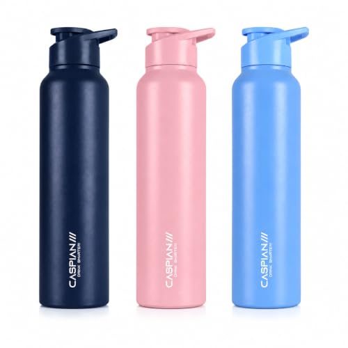 Image of CASPIAN / / / Hike Stainless Steel Sipper Water Bottle (Trio-El. Blue, H Peach, C Blue1 Litre, Set of 3)| Leak Proof Thunder for Fridge Home Office Travel School Kids Boys Girls Adults Sports Gym Yoga