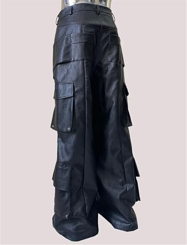 Men's Baggy Black Pu Leather Wide Leg Cargo Pants Multiple Pockets Luxury Designer Streetwear Pant3