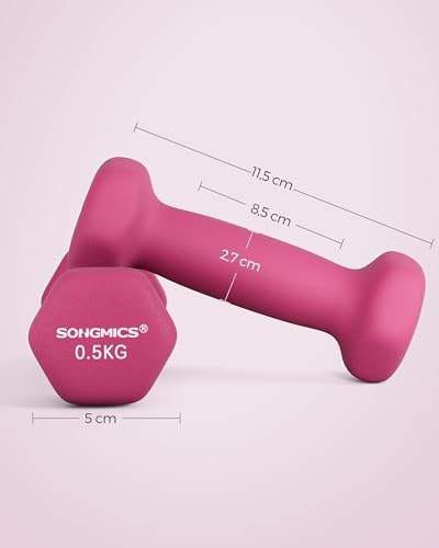 SONGMICS Hanteln 2er Set, 2 x 0,5 kg, Kurzhanteln mit matter Beschichtung aus Neopren, rutschfest, Fitness, Krafttraining, für Zuhause, Fitnessstudio, pink SYL61PK