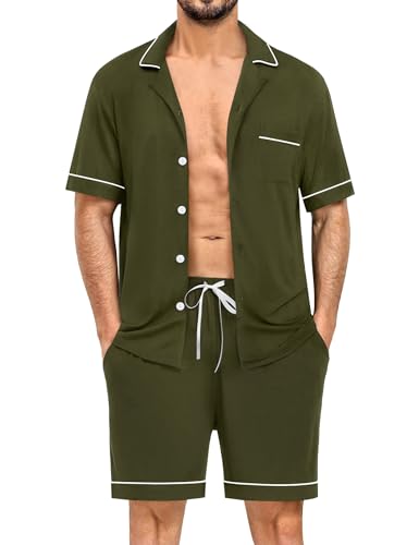 Image of SWOMOG Mens Pajama Sets Short Sleeve Sleepwear Button Down Loungewear Soft Modal Lounge Pjs with Pockets S-XXL