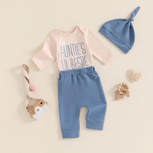 Aunties Bestie Baby Clothes Gender Neutral Unisex Funny Letter Bodysuit Romper Solid Leggings Pants Hat 3Pcs Outfits2
