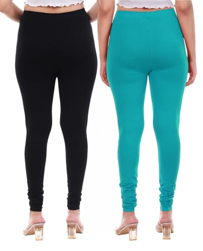 Image of TPF Women Solid Cotton Lycra 4 Way Stretchable Leggings | Combo Pack of 2 Comfortable Churidar-Length Slim Fit Leggings for Women & Girls
