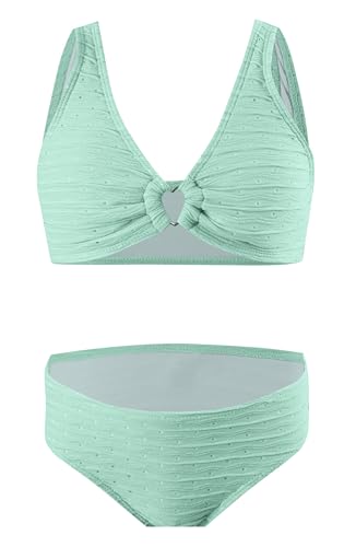 Image of Girl's 2 Piece Swimsuit Solid Ribbed Bikini Sets Crop Top Brazilian High Waisted Beach Bathing Suit Swimwear for Teen Kids Blue 8-9 Years