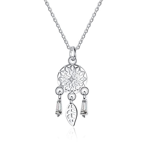 Image of QIAMNI Dream Catcher Feather Pendant Necklace 925 Stering Silver Necklaces for Women Girl Fashion Jewelry (Silver-2)
