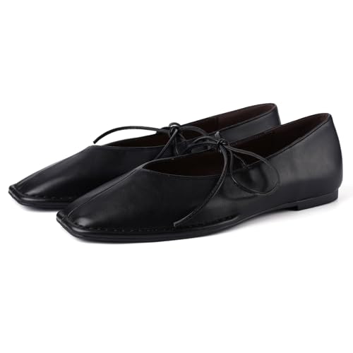 CHARMUST Ballet Flats for Women Square Toe Mary Jane Shoes,PU Black by CHARMUST