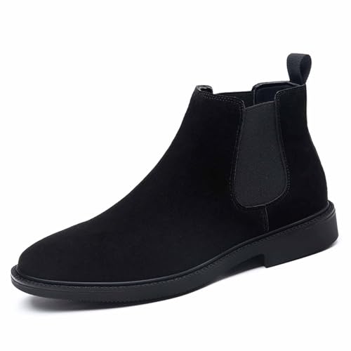 Men's Suede Slip-on Chelsea Ankle Boots Comfort Round Toe Low Heel Warm Fur Lined Winter Casual and Business Formal High Top Dress Boots