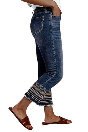 Women's Mid Waist Boyfriend Jeans Medium High Stretch Light Blue Leg Cuffs Multicolor Stripe Embroidery Seven Points Jeans2