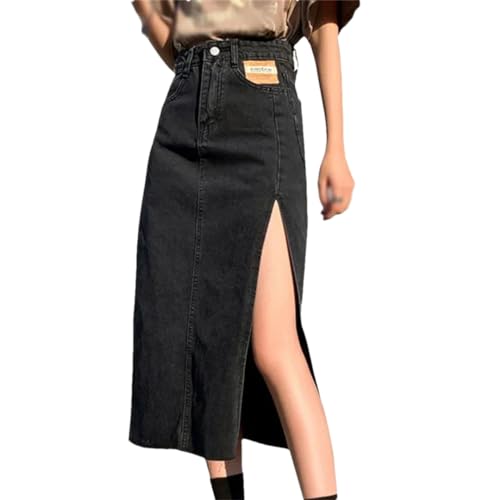 Women's Denim Skirt Summer High Waist Split Front Long Jean Skirts