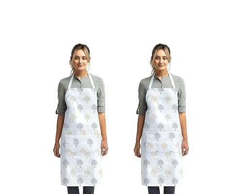 Image of Yaanthiv's Printed Cotton Kitchen Aprons | Unisex Aprons for Men and Women perfect for Home Kitchen, Restaurant, Coffee house, Cooking, Bar, Salon | Washable | Large Storage Pocket | Set of 2