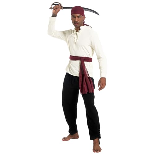QEKFDOV 5 Stück Herren Piraten kostüm Set,Mittelalter Kleidung mit Mittelalter Hemd Hose Piraten Bandana Gürtel für Halloween Karneval Cosplay....