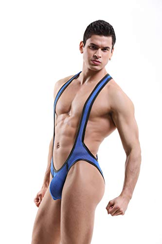 Swbreety Mens Thong Leotard Bodysuit Singlet Wrestling Jumpsuit One-Piece Briefs Blue - Thumbnail 6
