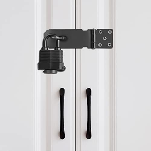 Door Latch Hasp with Door Padlock and Screws Heavy Duty Hasp and Staple with Padlock Stainless Steel Door Lock for Bedroom Garden Windows Shed Garage Cabinet Black