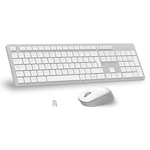 LeadsaiL Teclado y Raton Inalámbrico, Teclado y Raton Inalambrico Ergonómico, Español QWERTY, Tamaño Completo con Teclado Numérico, Receptor USB 2.4 GHz for Mac, PC, Ordenador Portátil-Blanco Gris