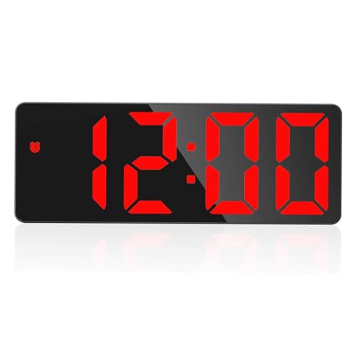 Image of Digital Alarm Clock, Mirror Surface LED Electronic Clocks Large Display, Adjustable Brightness, Dual Power Supply, Snooze Model for Bedroom, Desk, Office (Black Case + Red Digit)