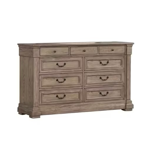 Benzara Roi Wide Dresser, 62 Inch, 9 Dovetail Drawers, Weathered Gray