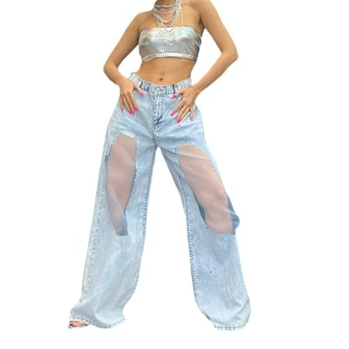 Jeans Pants Trousers Denim Low Waist Mesh Thin Loose Casual Street Wide Leg Casual Jeans for Women
