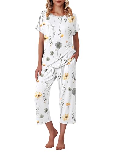 Image of Ekouaer Women's Capri Pajama Sets Print Short Sleeve Sleepwear Top and Capri Pants Soft Loungewear with Pocket
