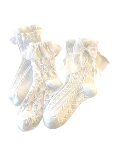 GORGLITTER Women's 3 Pairs Bowknot Floral Lace Ruffle Trim Socks Textured Mid Calf Crew Socks