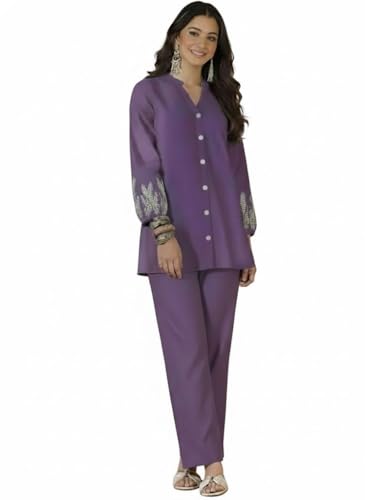 Image of SHEINZY Elegant Embroidered Sleeve Co-Ord Set for Women | Comfortable Silk Blend V-Neck Button-Down Top Matching Pants | Stylish Casual Ethnic Wear