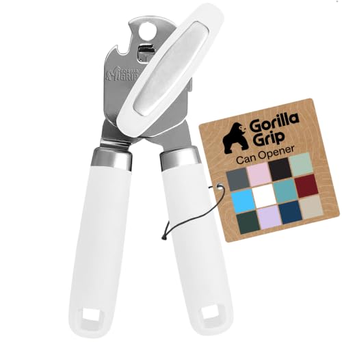Image of GORILLA GRIP Upgraded Model Stainless Steel Manual Can Opener, White | US Designed, Oversized Handheld Turn Knob, Comfortable Handle for Easy Turning, Multifunctional Kitchen Tool, Open Bottles