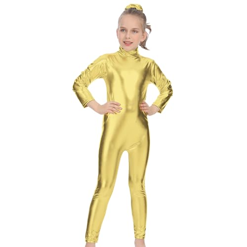 Bodies de Danza Brillante para Ballet, Mono de Manga Larga con Cremallera, Leotardo Body Nude para Gimnasia Deportiva Rítmica, Jumpsuit Niña Elástico Bailarina Yoga 1-12 años (7-9 años, Dorada)