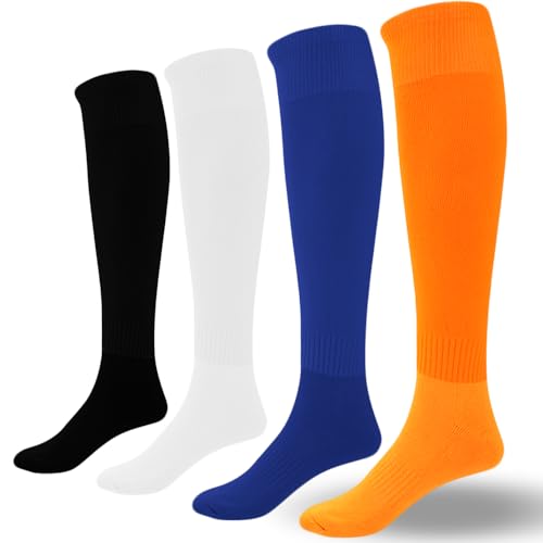 AOPRIE Baseball Socks Bulk Sport Athletic Socks Youth Knee High Long Tube Softball Football Soccer Team Sock Unisex Adult Women Man Blue Black Orange White, 4 Pack