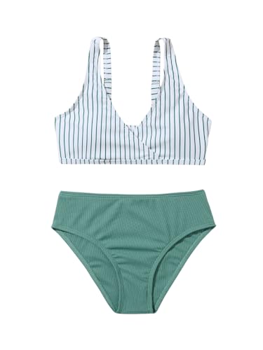 SweatyRocks Bathing Suit for Girls Striped Two Piece Swimsuit Wrap High Waist Bikini Sets Cute Swimwear Multicolor 12 Years
