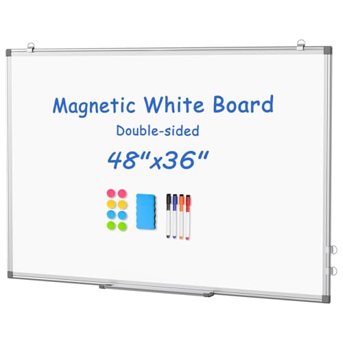 Image of WALGLASS Large White Board 48x36 Double-Sided Dry Erase Magnetic for Wall | 11-Layer, Aluminum Frame, Smooth Write & Clean, Wall Mount & Hanging, Full Accessories for Home, Office, School