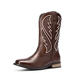 Bruno Marc Men’s Western Cowboy Boots Classic Leather Mid Calf Riding Boots with Embroidered Stitching Durable Work Boots,Size 11,Coffee,BMUMMB2501