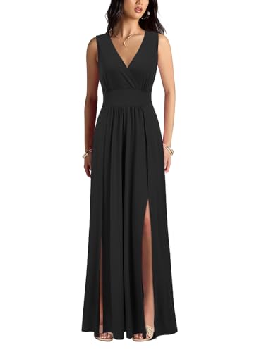 WOOSEA Women Sleeveless Deep V Neck Sexy Split Loose Plain Maxi Casual Long Dress