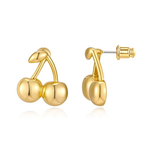 Bow Cherry Earrings For Women 14K Gold Plated Large Cherry Stud Cute Fruit Statement Earrings