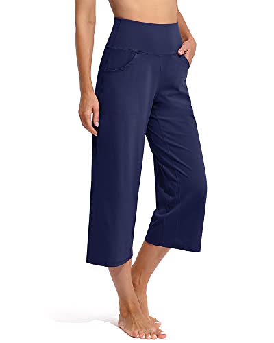 Promover Womens Capris Yoga Pants Summer Ladies 3/4 Trousers for Women UK Cropped Straight Wide Leg Trousers Women Stretch Work Trousers with Pockets